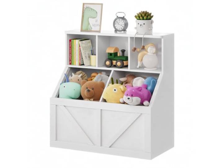 Hapterouse Kinderbücherregal, 5 Fächer, Spielzeugregal, Grau, 90x42x92 cm MDF und Spanplatte, 2 offene Boxen, kippsicher, viel Stauraum für Bücher, Spielzeug, Kuscheltiere, perfekt fürs Kinderzimmer