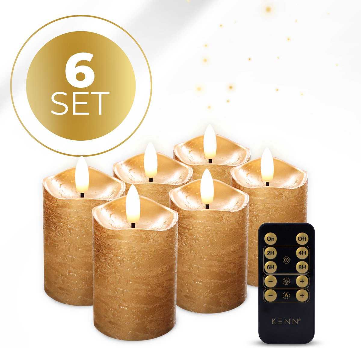 KENN® LED Kaarsen Set van 6 - Rustiek Goud - Realistische Wax Mini Stompkaarsen met Afstandsbediening en Timer