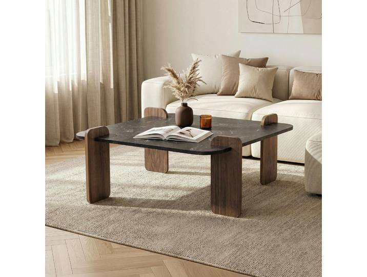 Table Basse Carrée Décor Marbré Noir Et Noyer Marfa