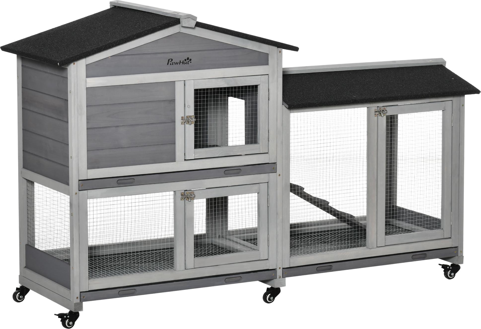 Hasenstall 2 Etagen Kaninchenstall aus Holz 157,4 x 53 x 99,5 cm Kaninchenkäfig mit wetterfest Bitumendach, Freilaufgehege, Rampe, Tür, Stahlgitter, Hasenkäfig für Kaninchen, Outdoor Grau