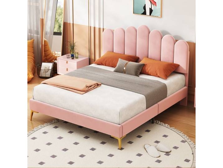 Lit Double 140x200 - JAERLIUB - Velours Rose - Tête de Lit Réglable - Structure 250kg - Montage Facile