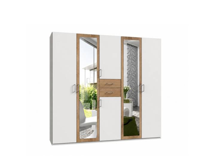 Drehtürenschrank Kleiderschrank 225 cm Schubkästen Spiegel Weiß und Eiche Dekor / 22591