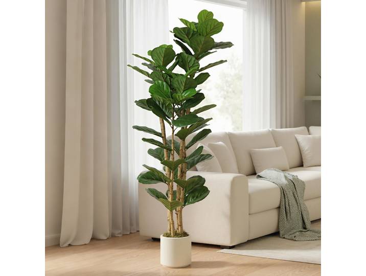 HOMCOM Figuier Lyre Artificiel 180cm 91 Feuilles Tronc Bois Pot Vert