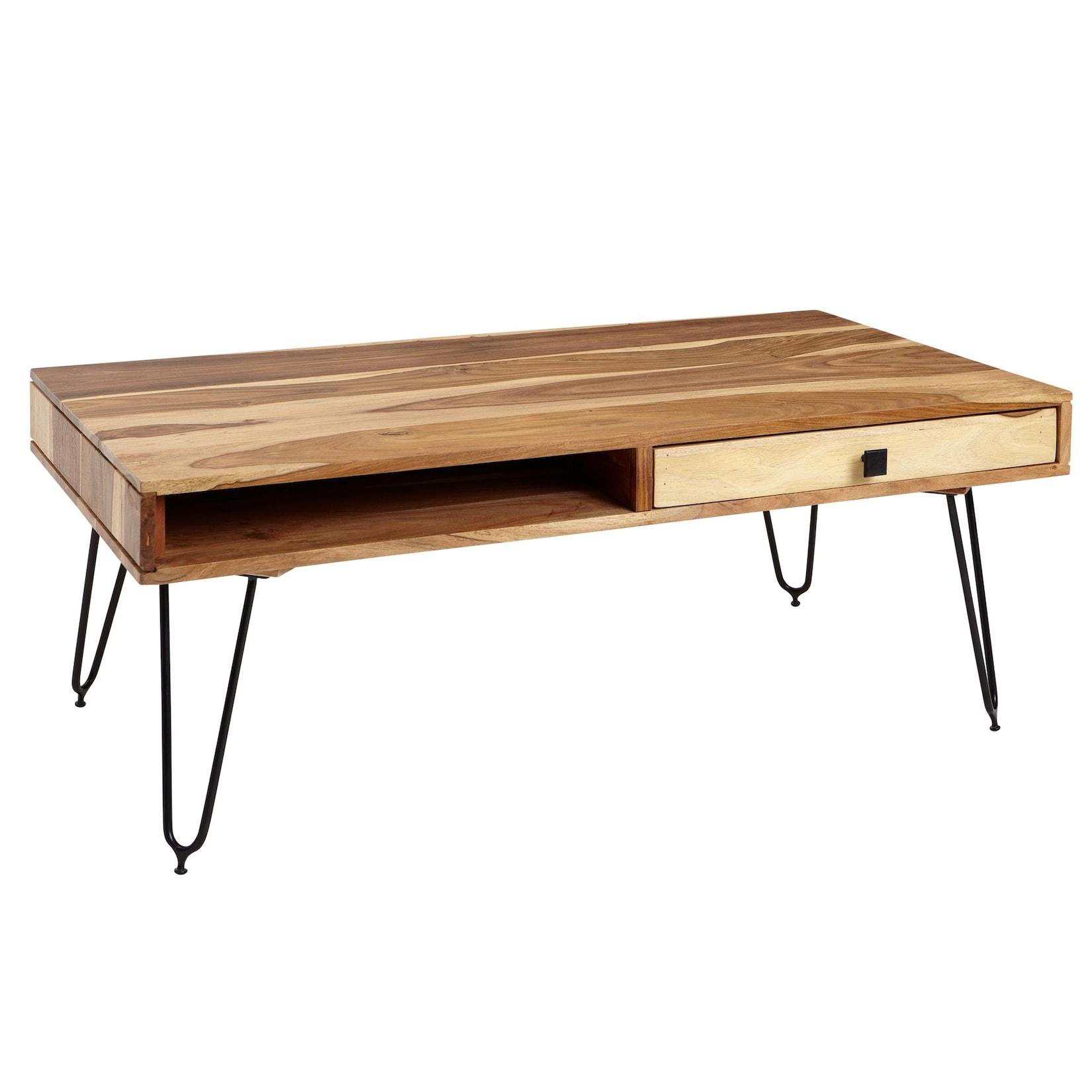 KADIMA DESIGN Couchtisch BALU mit Schubfächern: 110 cm breit, Sheesham Massivholz, Metallfüße, leichter Aufbau
