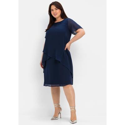 Abendkleid SHEEGO "Abendkleid", Damen, Gr. 48, Normalgrößen, blau (marine), 100% Polyester, Spitze:100% Polyamid, unifarben, knielang, Rundhals, Kleider Abendkleid