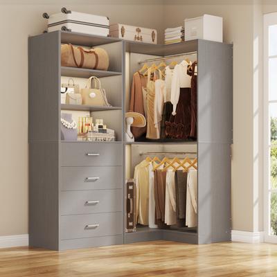 Rackcog Cimly Set of 2 Corner Closet Organizer System, Freestanding Wardrobe with Wooden Drawers and Hanging Rods
