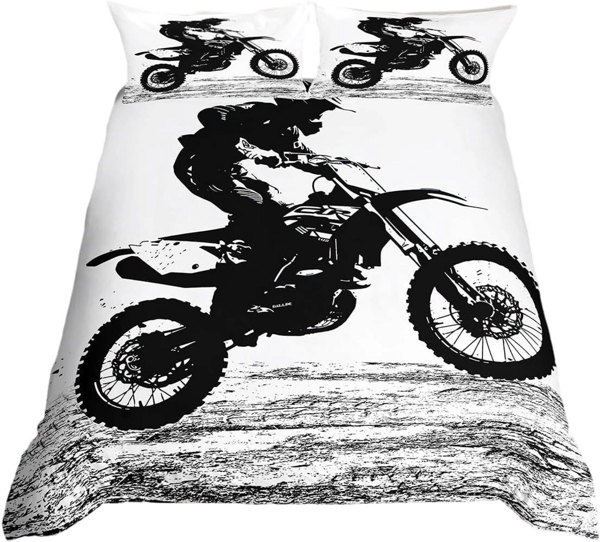 Dekbedovertrek Set met Motocross 3D-print Ontwerp - Zwart Wit - 135 x 200 cm