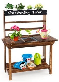 Costway Wooden Potting Bench Table Outdoor Mud Kitchen with Solid Fir Wood Frame-Natural