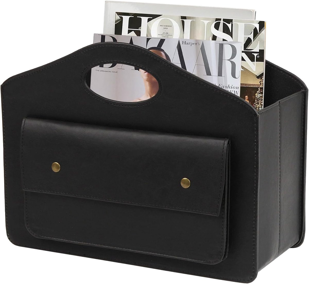 Zwarte leren tijdschriftenhouder en krantenmand organizer met opvouwbaar ontwerp, 35 cm