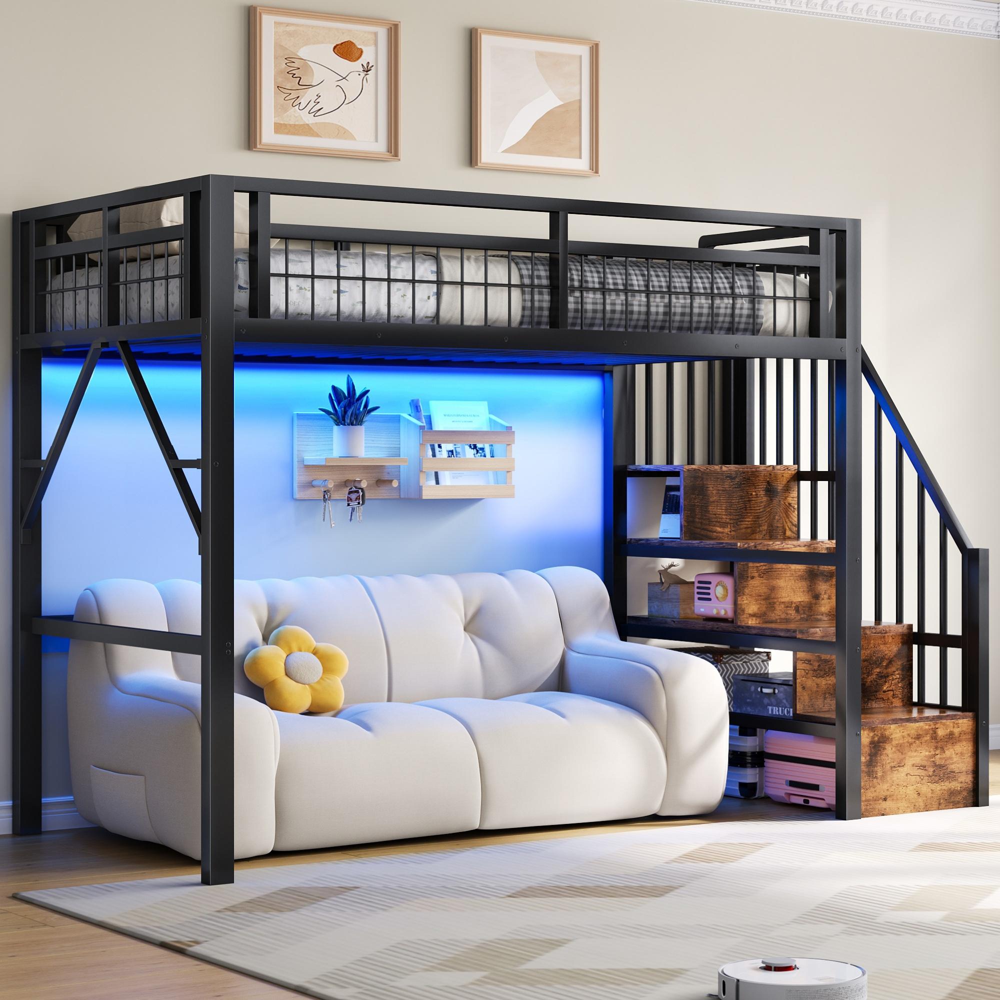 Merax Etagenbett Hochbett 90x200 cm, Metallbett Stockbett mit LED-Licht, Treppen mit Stauraum, Kinderbett, Jugendbett, Schwarz