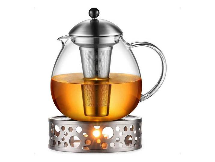 LuxusKollektion Teekanne Moderne 1500ml Silberne Teekanne mit Edelstahl Stövchen und Glas