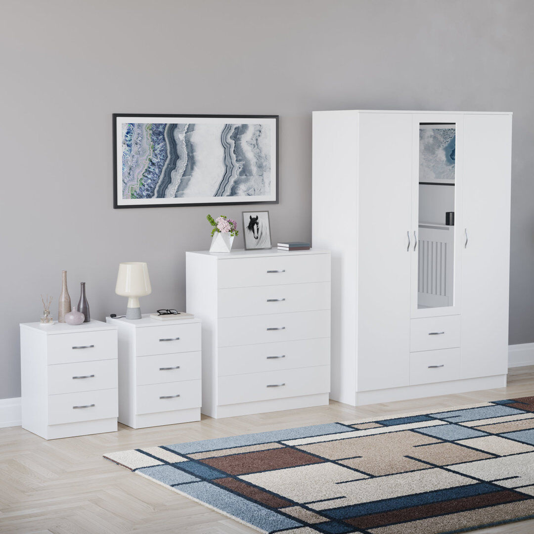 17 Stories Tayce 4 Piece Bedroom Set (3 Drawer Bedside Chest X2, 5 Drawer Chest, 3 Door 2 Drawer Mirrored Wardrobe) White