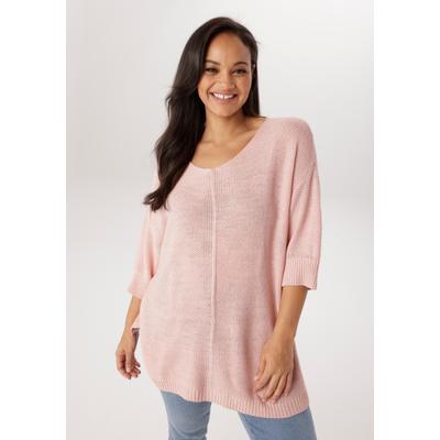 Strickpullover ANISTON PLUS, Damen, Gr. 50, rosa (puderrosa), Strick, Obermaterial: 100% Polyacryl, unifarben, figurumspielend Po-bedeckend, V-Ausschnitt, Bündchen, Pullover Strickpullover, mit tollem Strickmuster