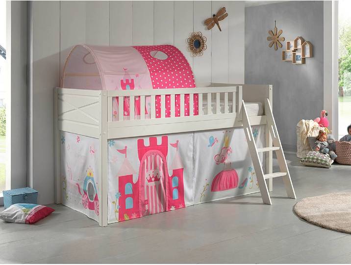 Spielbett mit Rutsche 90 x 200cm Weiß/Pink mit Tunnel/mit Vorhang