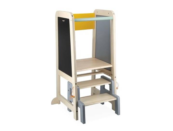 Janod - Lernturm aus Holz - 2 Einstellbare Höhen - 1 Abnehmbarer Tritthocker, 1 Tafel, 2 Kreiden, 1 Bürste - Ab 18 Monate, J09640