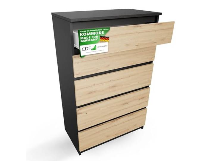 CDF Kommode Anthrazit Artisan mit 5 Schubladen 109 cm Hoch Sideboard Schmale Komode Schlafzimmerkommode für Flur Büro Schlafzimmer Wohnzimmer Schubladenschrank Regal mit Schubladen Schrank Möbelstück
