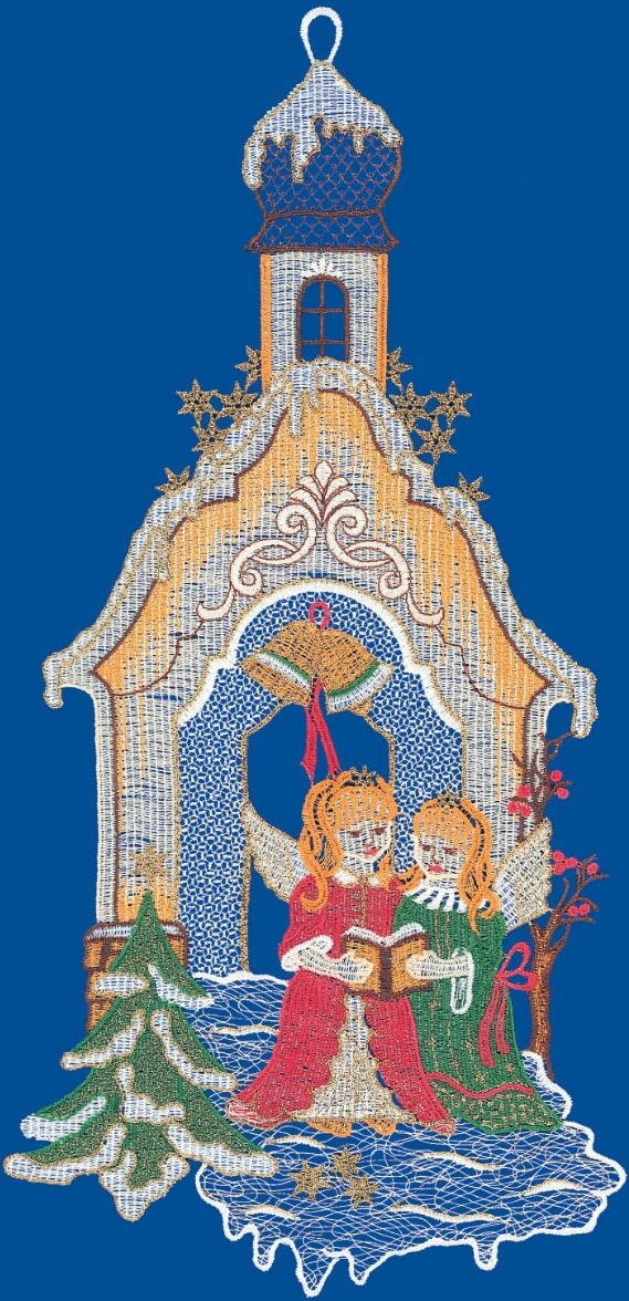 Fensterbild "Kapelle mit Engeln" Gr. 1, beige (beige, ecru, goldfarben), B:20cm H:41cm, Polyester, W. REUTER & SOHN - PLAUENER SPITZE, Fensterbilder, Fensterbild, Made in Germany beige, ecru, goldfarben B/L: 20cm x 41cm