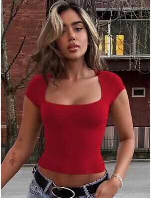 Daily Discovery Elegant U Neck Slim Fit Baby Tee For Women red m