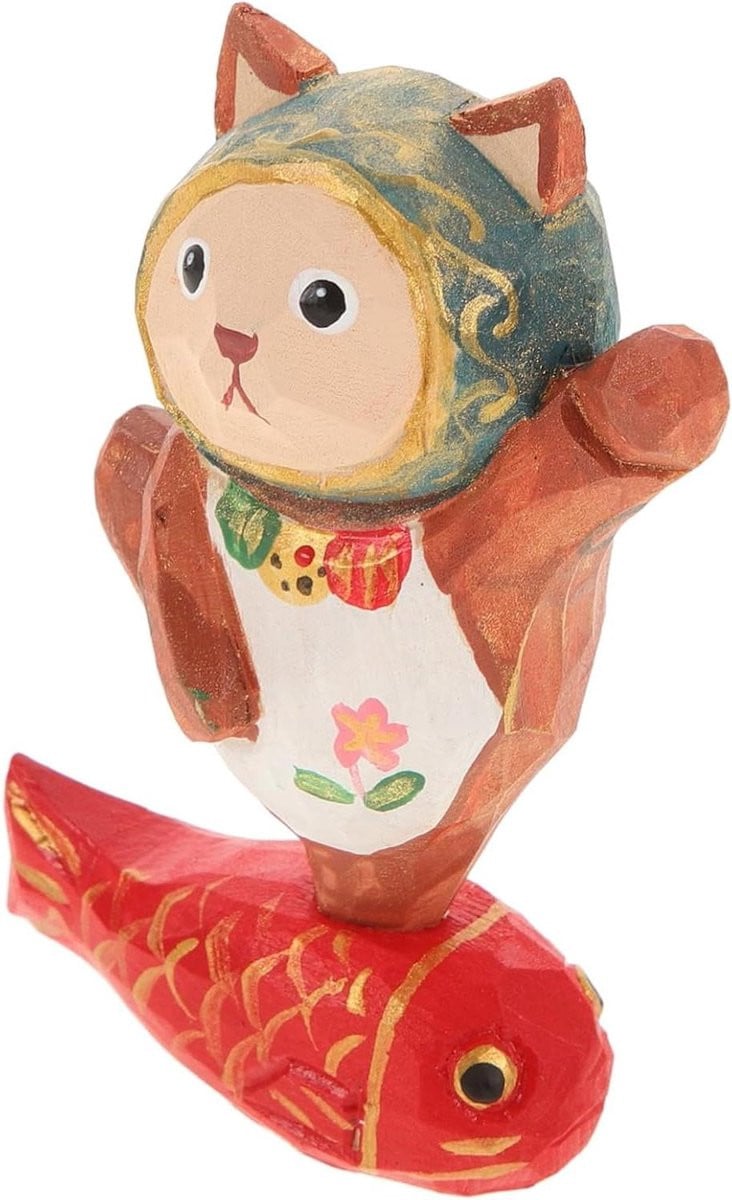 Houten Kat Beeldje Multicolor - Creatieve Houten Bureau Decoratie - Hoogte: 8.5 cm