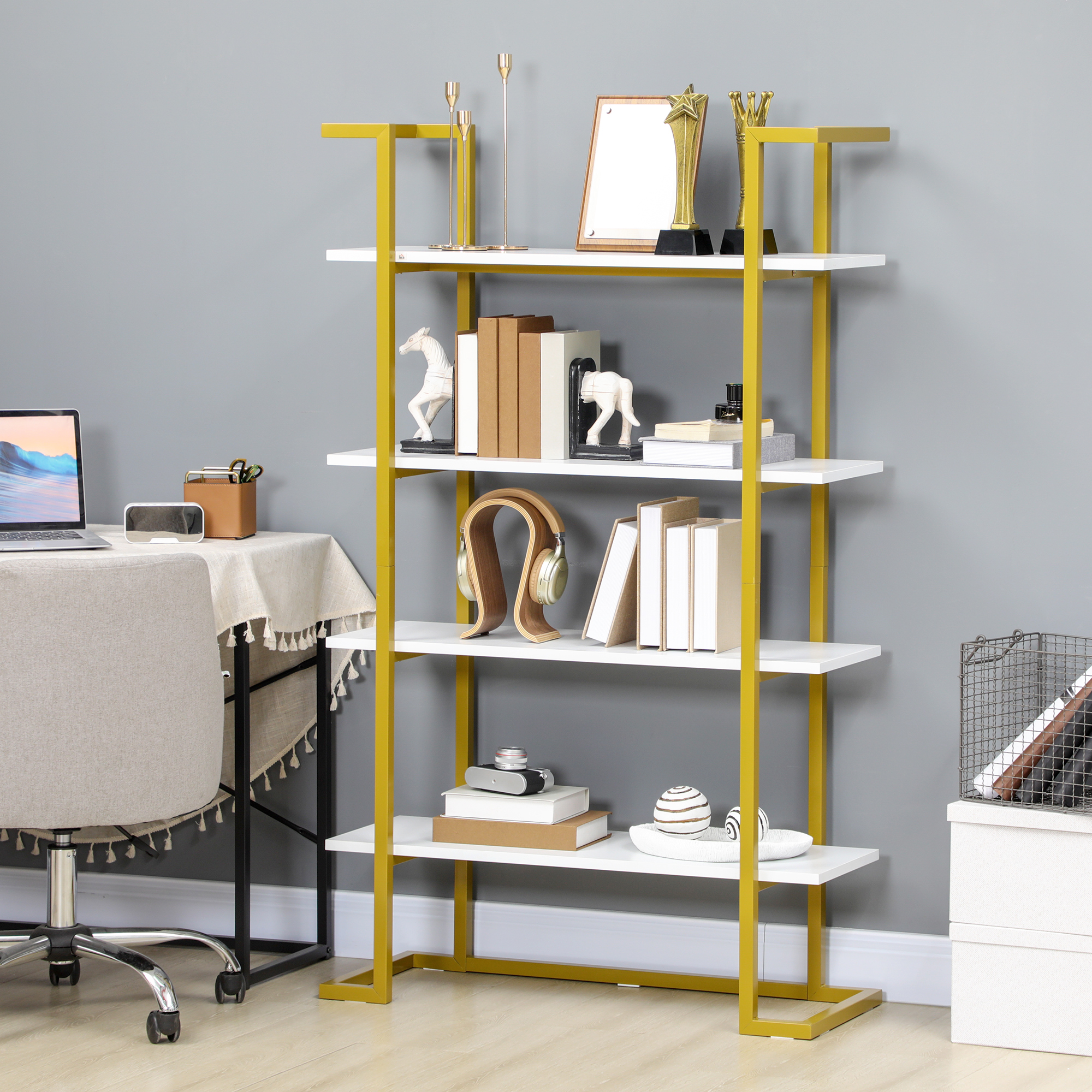 Homcom Scaffale Libreria a 4 Livelli in MDF e Acciaio, Mobile Libreria con Base Rialzata, 92x35x152cm, Bianco e Oro   Aosom Italy