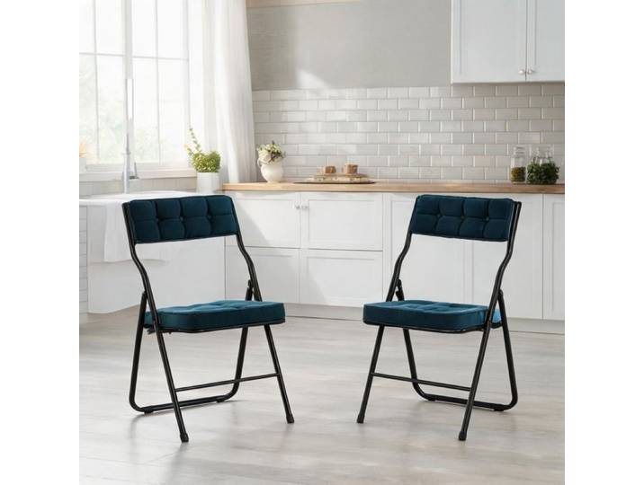 Chaises pliantes rembourrées bleu doux – 2 pièces – Structure acier – Repas et réception