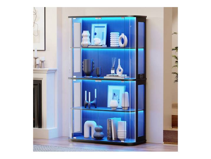 BROTTAR Standvitrine Große, runde Vitrine mit dreifarbiger Beleuchtung & Bewegungssensoren (1-St) mit zwei Acryl-Seitentüren und vier Regalböden