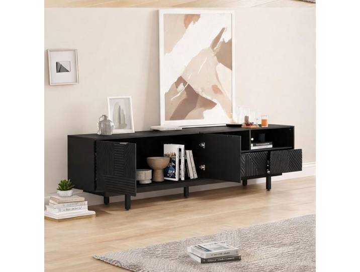 Meuble TV 200x40x51 cm noir lignes géométriques bohème contemporain panneau de particules