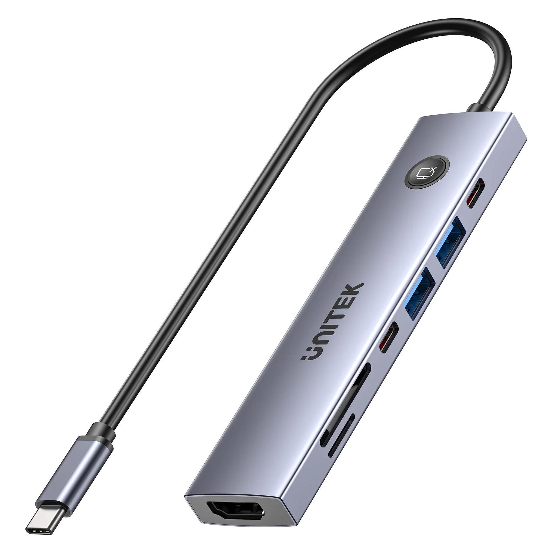 Unitek HUB USB-C 7W1 PD 100W HDMI 2.0 Z PRZYCISKIEM ON/OFF (USB-B, USB-C, 7 Ports) (H1124AGY01)