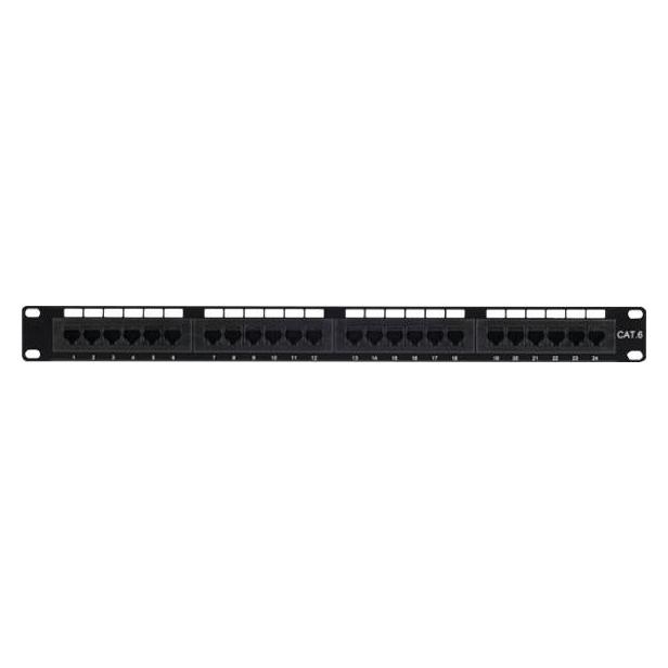Exertis Connect Patchfeld, Cat.6, 24 Port, UTP, 1 HE, 48,30cm (19"), schwarz Cat. 6 Patchfeld mit 24 Ports (257250)
