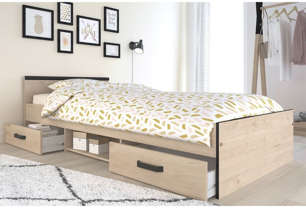 Calicosy Lit avec 2 tiroirs de rangement 90x200 - Décor Chêne Jackson et Noir Beige 96x59x203cm