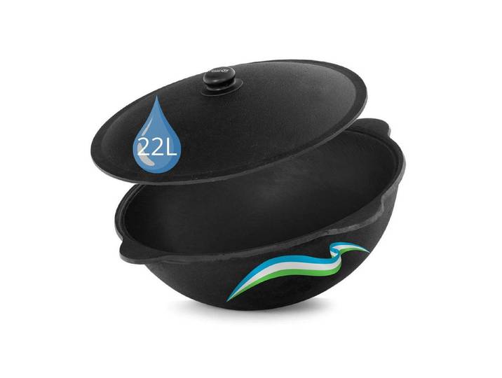 BIG-PAN Wok Authentischer usbekischer Kazan aus Gusseisen 22L mit Aluminium Deckel, (Namangan Dutch Oven Asia Wok Gusseisentopf, für Plov, Grill & Outdoor Küche), traditioneller Gusseisen Topf