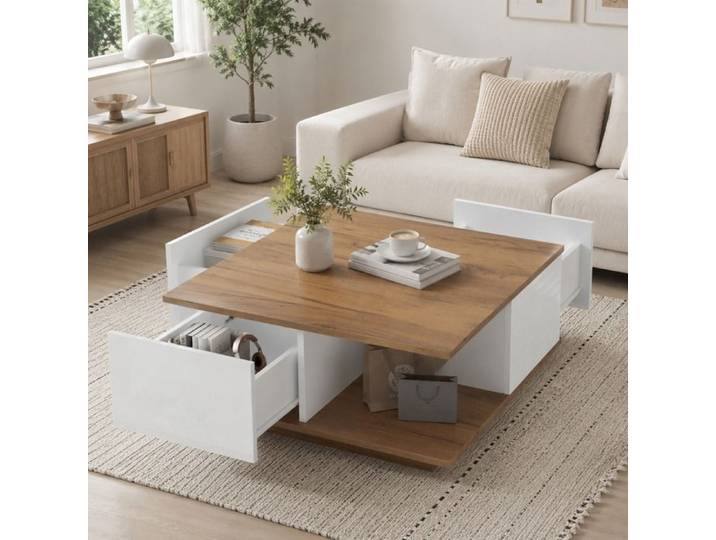 ULSAM Table Basse Carrée 70x70x31 5 cm 3 Tiroirs Rangement Semi-Ouvert - Blanc/Noyer