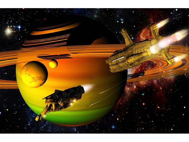 Fototapete PAPERMOON Raumschiffe über Planet , bunt, B:4,5m L:2,8m, Vlies, Tapeten, Fototapete