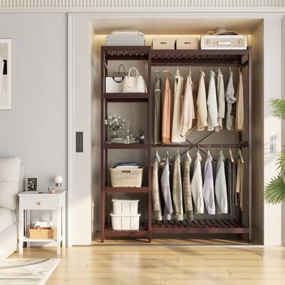 Rackcog Bamboo Closet System Clothes Rack, Large Freestanding Garment Rack Clothing Rack for Hanging Clothes