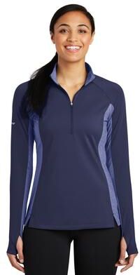 Sport-Tek LST854 Athletic Women's Sport-Wick Stretch Contrast 1/4-Zip Pullover Top in True Navy Blue/True Blue Heather size Large