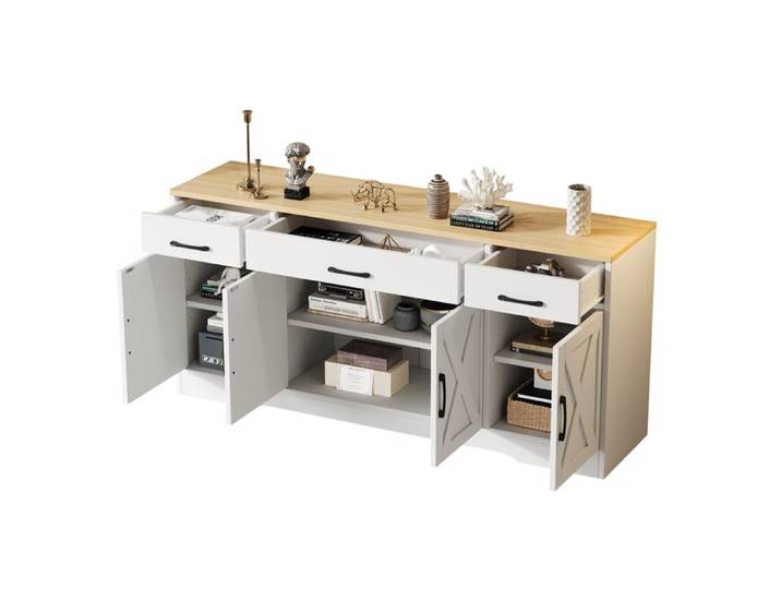 ULEVR buffet bas rectangulaire 160 x 37 x 75 cm - 3 tiroirs et 4 portes style industriel blanc et MDF