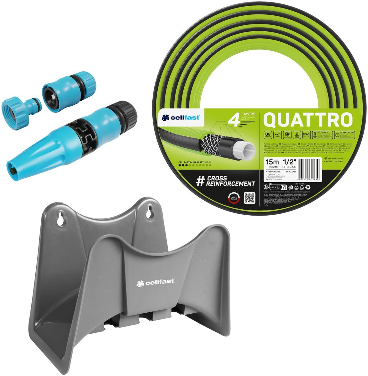 Cellfast Quattro tuinslang 1/2" 15 m met slanghouder en Basic sproeier 1/2", grijs