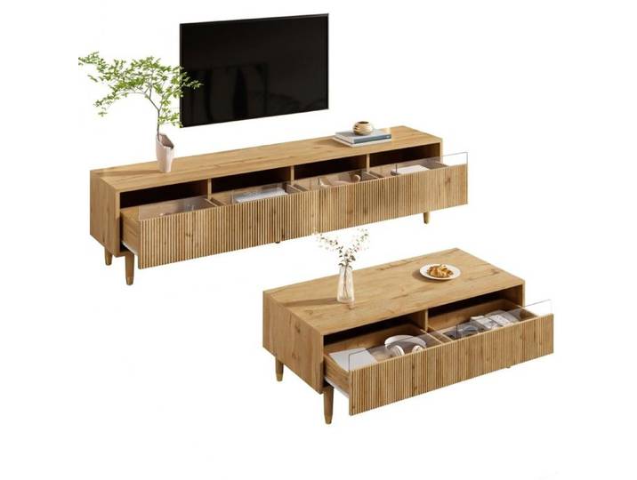Ensemble Salon Moderne Ensemble meuble TV 4 portes + table basse 2 tiroirs design bois/or - LED façade acrylique & structure