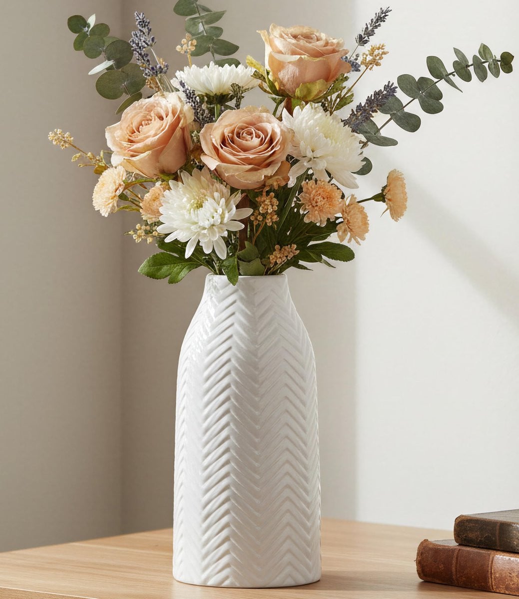SnelShoppen Grote Keramische Vaas - Witte Boho Decoratie Vaas - Handgemaakt