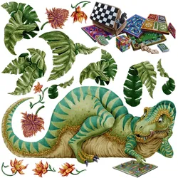 WANDAUFKLEBER 100x127cm - Dino mit einem Brettspiel