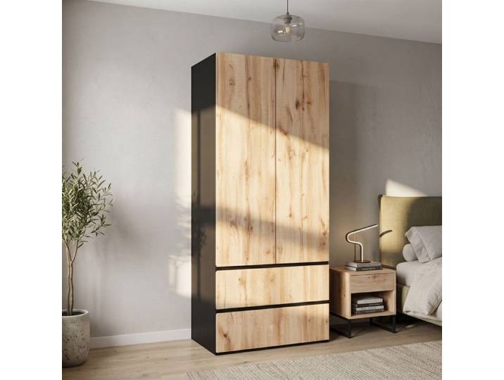 Armoire de Chambre - 90x50x200 cm - Armoire Penderie 2 Portes avec 1 Barre et 2 Tiroirs - Chêne et Noir