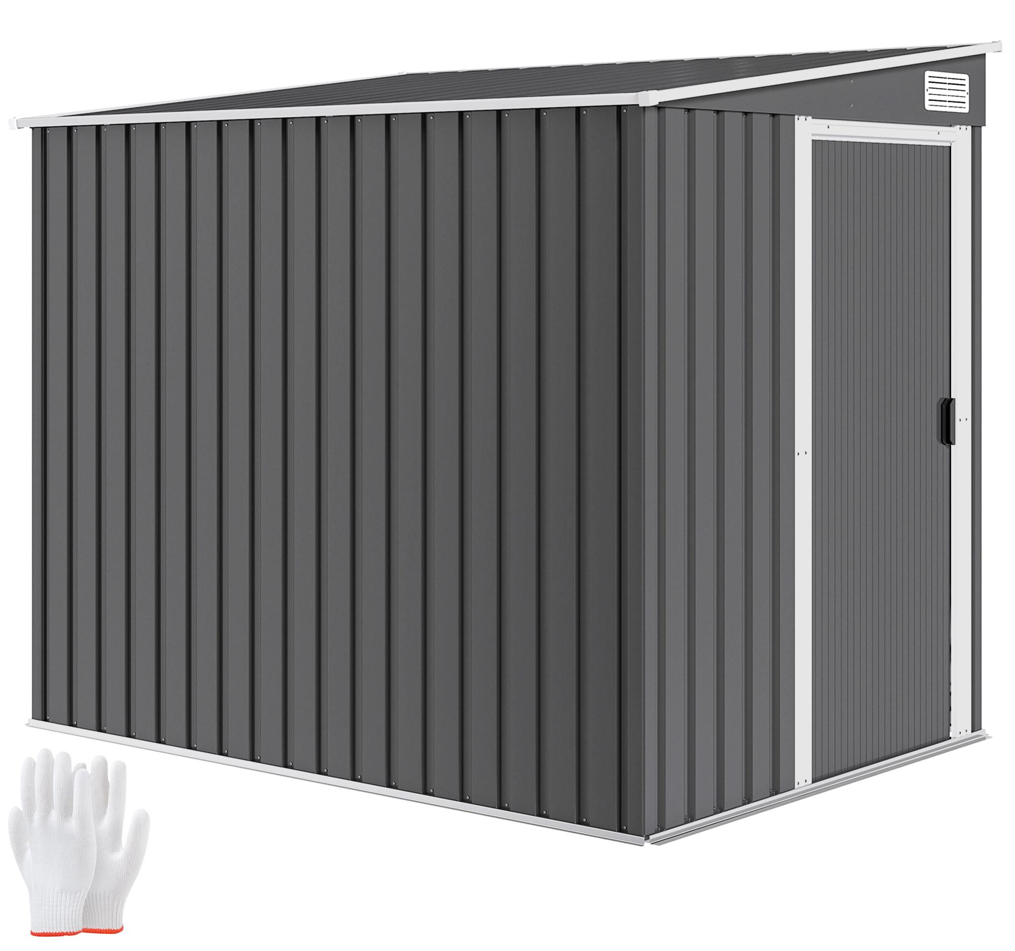 Geräteschuppen Stahl mit Pultdach, Gerätehaus Metall Dunkelgrau, Gartenschuppen | Schiebetür, wetterfest | 2 Regale, 2 Haken | 154 x 206,5 x 181 cm