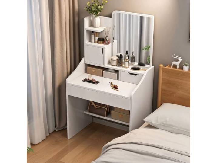 Weißer Schminktisch mit Spiegel Schubladen,moderner kleiner Schminktisch mit Aufbewahrungsschrank und Regalen, staubdichte Aufbewahrung,3-in-1-Make-up-Schminktisch Schlafzimmer(60cm/23.6in)