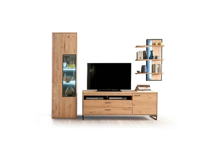 Livetastic Wohnwand Gaborone, Eiche, Holz, Metall, Glas, Asteiche, furniert, massiv, 7 Fächer, 2 Schublade(n) Schubladen, 298x207x50 cm, Made in EU, Beimöbel erhältlich, Wohnzimmer, Wohnwände, Anbauwände