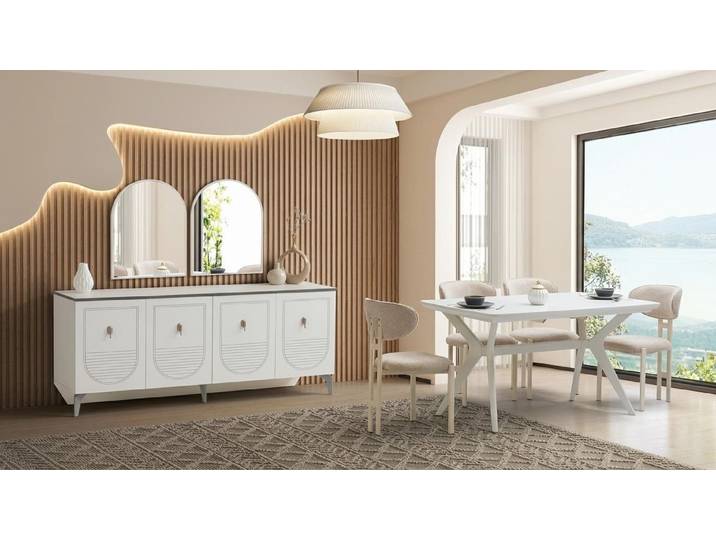 Xlmoebel Esszimmer-Set Skandi Esszimmer Set Weiß Holz Metall Esstisch Stühle Sideboard TV, (1-St., inkl. 4 Stühle)