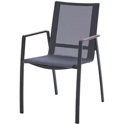 Diamond Garden Stapelstuhl VALENCIA, Edelstahl Dunkelgrau / Sunproof Sling Schwarz/Silber / Teak-Armlehnen