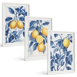 BILDER SET 3er Set - 40x60 cm Weißer Rahmen - Zitronenzweige mit blauen Blättern