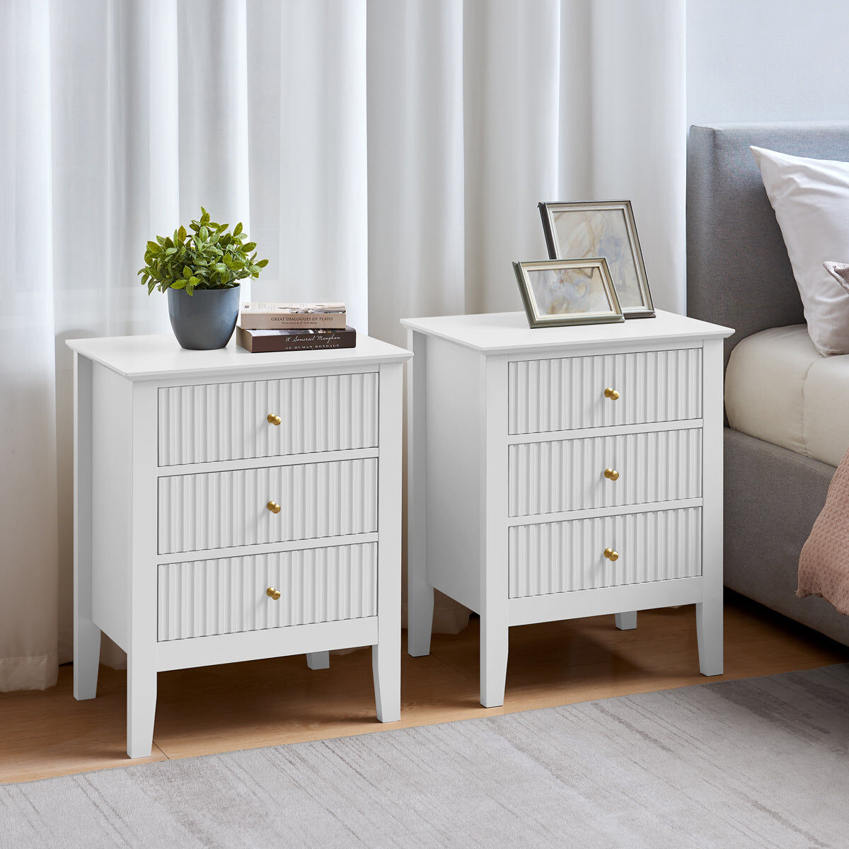 Pair of 3 Drawer Bedside Tables - Hales White Range Manufactured Wood, Metal