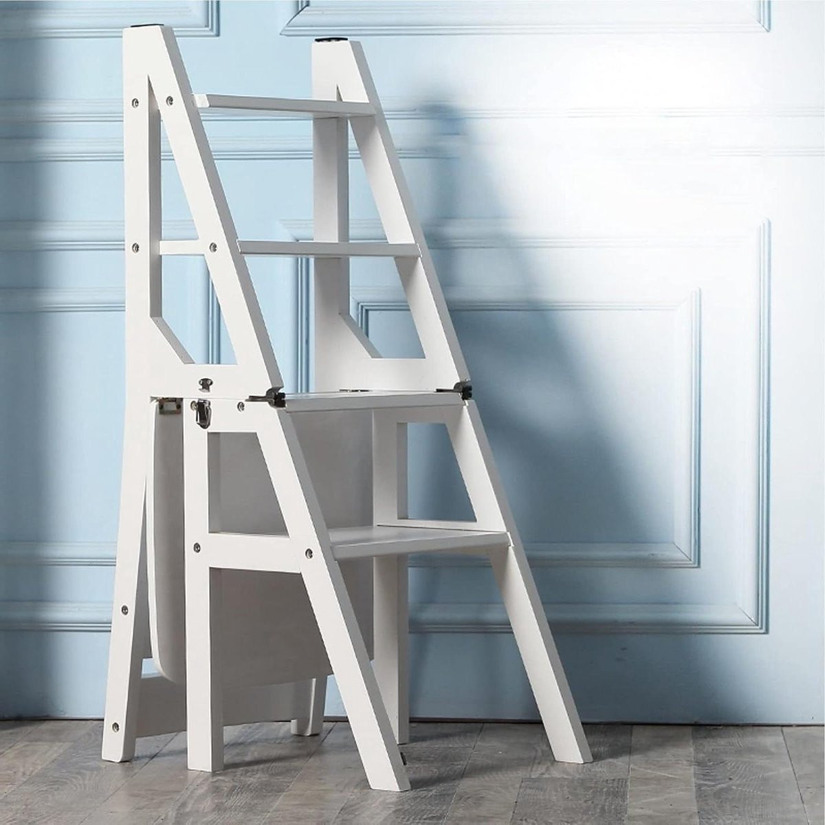 Opvouwbare houten ladderstoel met 4 treden in houtkleur