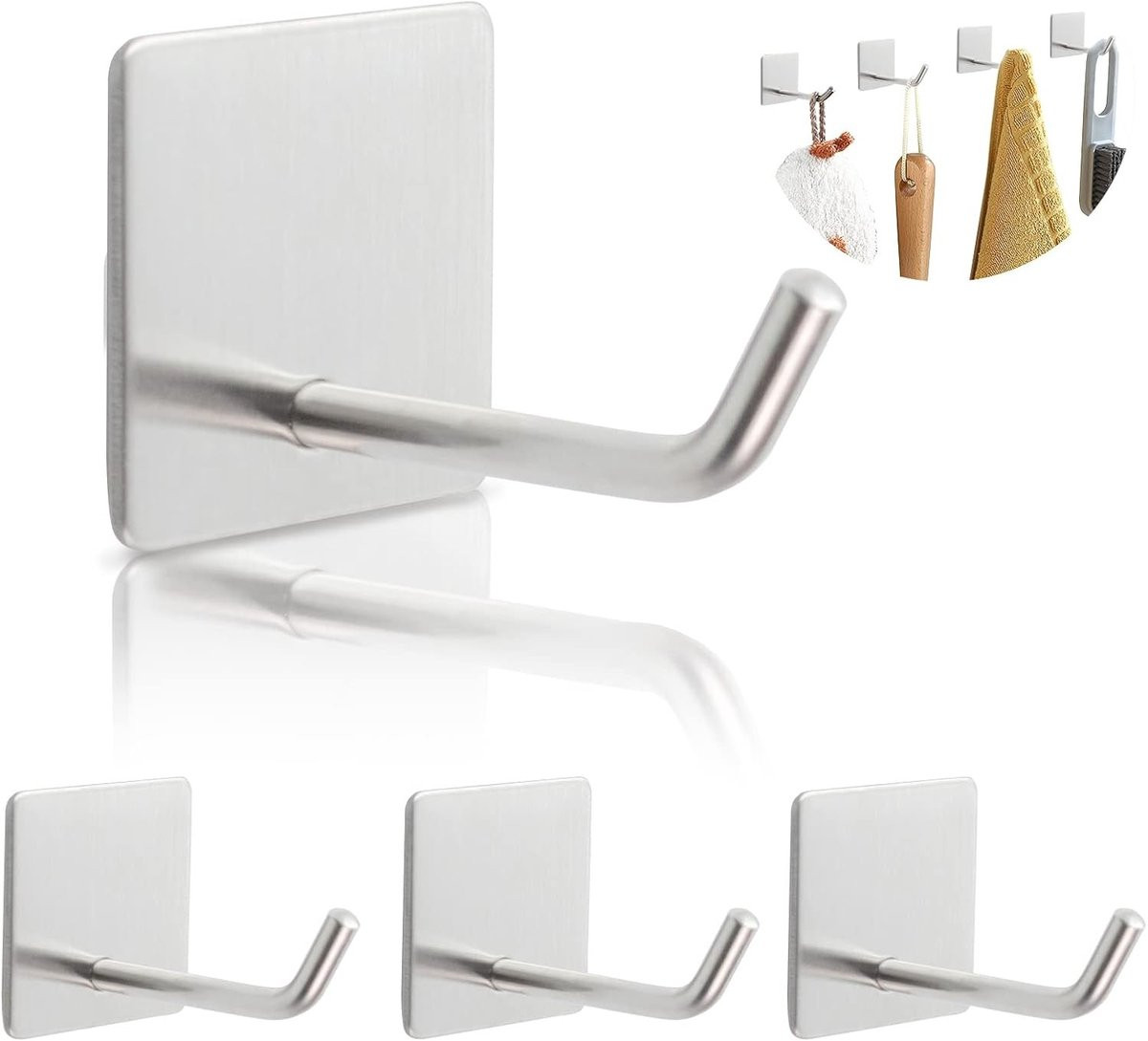 Set van 4 zelfklevende wandhaken van RVS voor keuken, badkamer en kleding